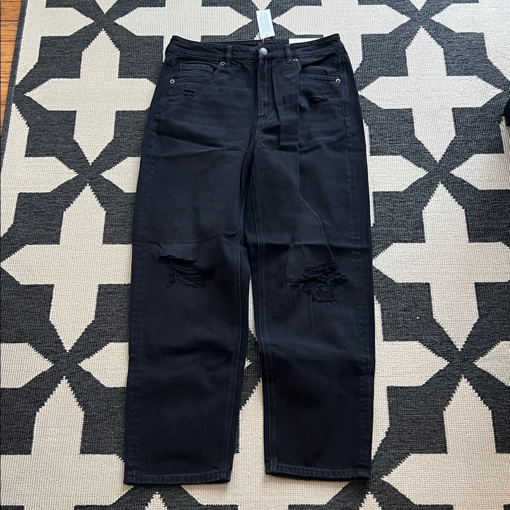 American Eagle Black Distressed High Rise Straight Leg Mom Jeans